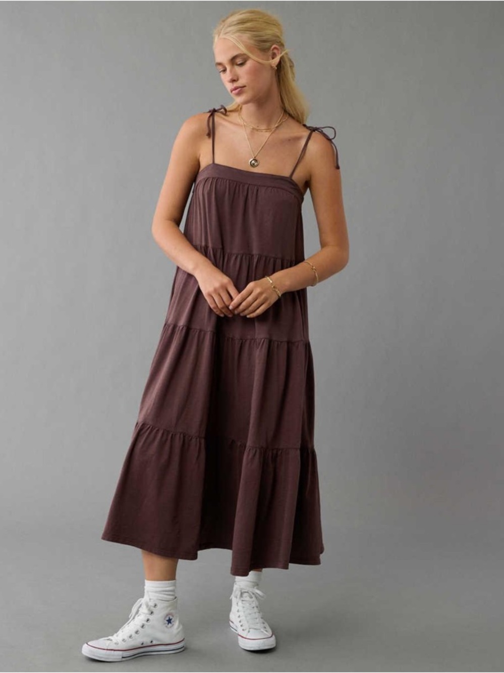 American Eagle Outfitters Brown Tie-Shoulder Tiered Maxi Dress